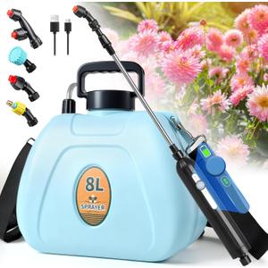 2 Gallon Battery Powered Sprayer, Rechargeable Electric Sprayer with 2 Speeds, 4 Nozzles, Battery Indicator, Retractable Wand, Adjustable Padded Shoulder Straps and Storage Bag for Lawn and Garden
