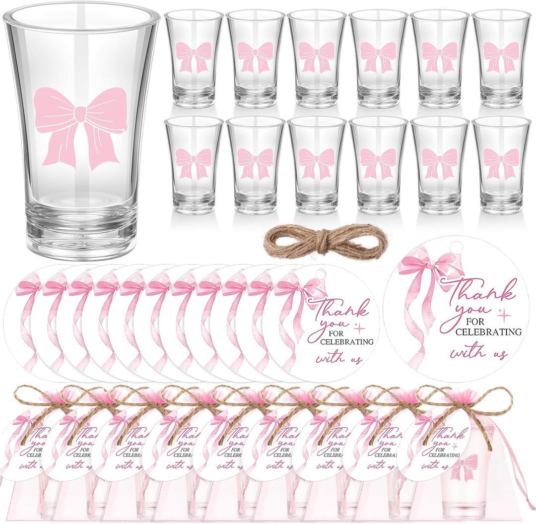 Funnymoom 50 Sets Pink Bow Party Favors Coquette Shot Glasses Birthday Party Decorations Acrylic Clear Gifts Thank You Tags with Organza Bags for Women Bridal Shower Wedding Bachelorette Supplies (as shown in the figure)