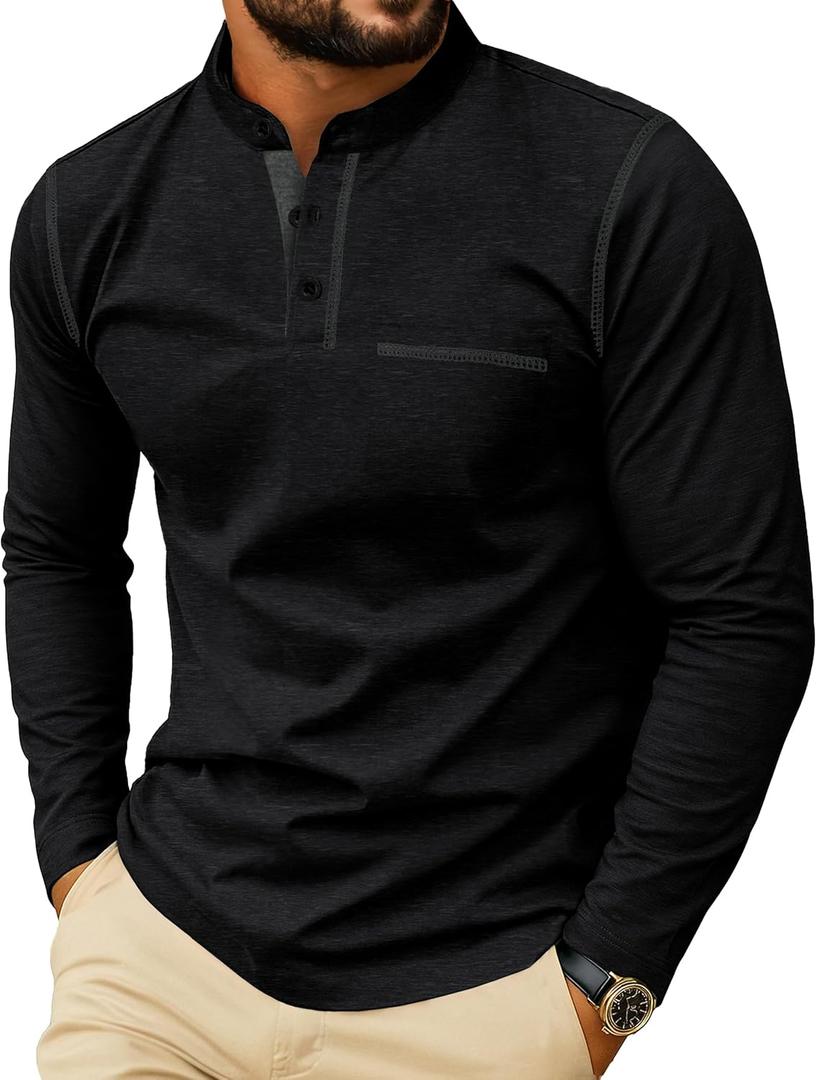 Sailwind Men's Henley Shirts Long Sleeve Button T-Shirt Casual Stylish Cotton Pullover Shirt with Pocket (X-Large, Black)