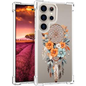 Compatible with Samsung Galaxy S24 Ultra Case Cute Clear for Women,Cool Transparent Silicone Phone Cases Cover - Orange Dreamcatcher Flowers
