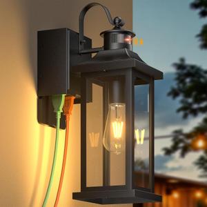 Roravilia Motion Sensor Outdoor Light for House with GFCI Outlet, 18 Large Dusk to Dawn Exterior Light Fixture IP65 Waterproof Exterior Lantern Porch Light Patio Garage Wall Sconce, 2 Receptacles (17 Inch)