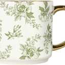 Sweet Water Decor Green Delft Coffee Mug, Vintage Green Floral Design with Gold Handle & Rim, 14oz Fine Bone China Tea Cup, Cute Gifts for Mother's Day, Baby Shower, Christmas & Mom's Birthday