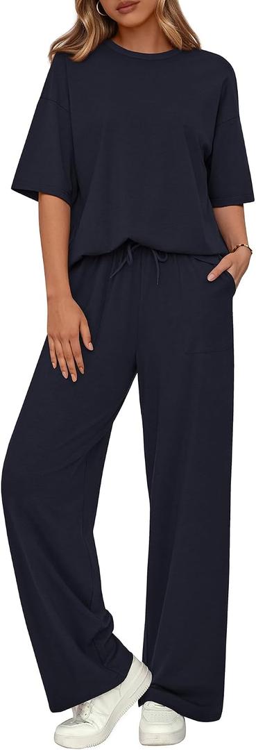BTFBM Summer Outfits For Women 2026 Two Piece Sets Casual Short Sleeve Spring Tops Wide Leg Pants Matching Lounge Set (S)