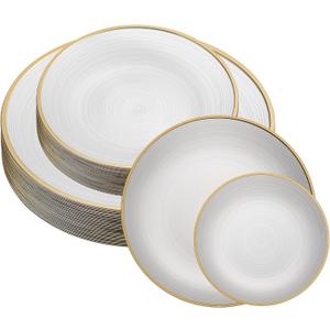 PLASTICPRO 128 Pieces Crystal Design Plastic Plates Combo Pack 7 inch and 10 inch Gold Rim Elegant Disposable Plates, Pearl White