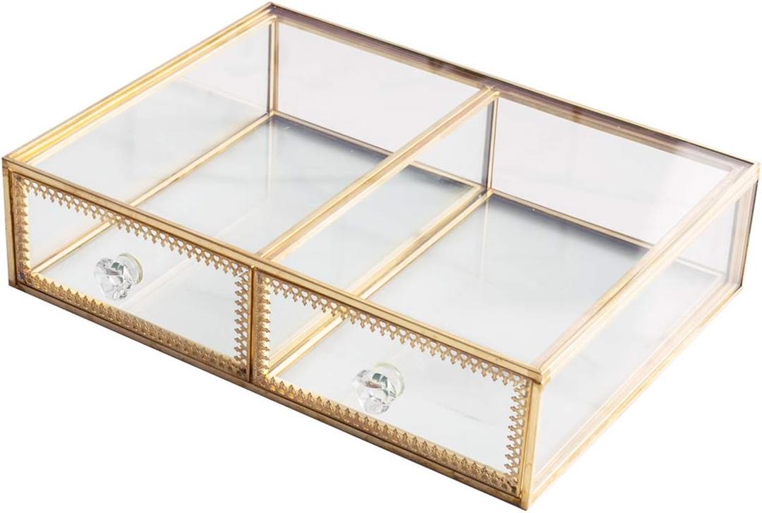 Antique Beauty Display Clear Glass 2 Drawers Palette Organizer, Cosmetic Storage, Makeup Container 2 Cube Jewelry Case Holder/Beauty Dresser Vanity Cabinet Decorative Keepsake Box
