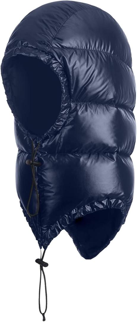 Winter Warm Ultralight Down Hood Waterproof Sleeping Bag Outdoor Camping Windproof Down Cap Hat with Storage Bag (Medium, Navy)