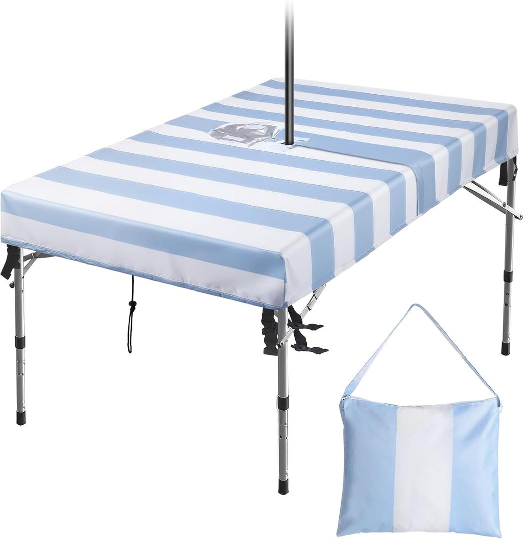 Tegeme Patio Outdoor Tablecloth with Umbrella Hole and Drawstrings 62 L x 38 W x 6 H Rectangle Patio Table Covers Waterproof Fabric Cloth for Picnic Outside Furniture Covers, Blue and White