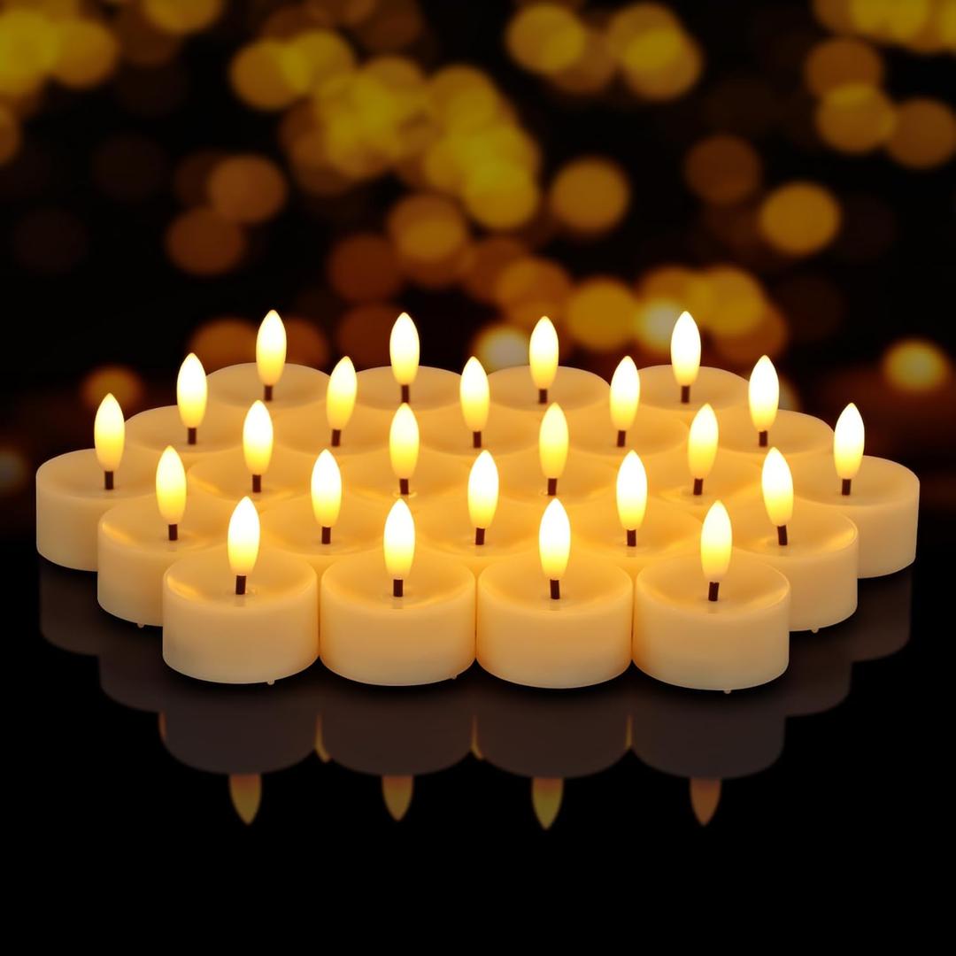 24 Pack Electric Fake Tealights Candles, Realistic Tea Lights Candles Battery Operated, 3D Wick Flickering Flameless LED Tea Lights for Wedding, Festival, Party, Home Decor (White)