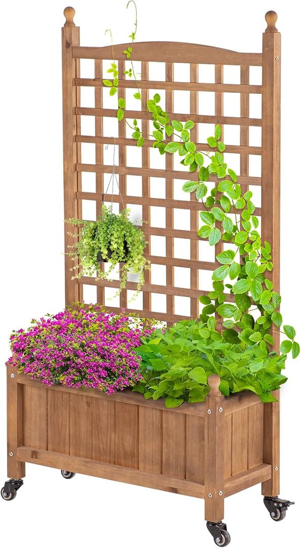 Idzo Raised Garden Bed with Trellis, Durable Oil Coated Planter with Trellis, 50 Inches Height Vertical Gardens Outdoors with Lockable Wheels and Convenient Non Woven Lining