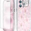 Cute Tulip Flowers Bow Shell Pattern for iPhone 14 Plus Case, [3 in 1] with Screen Protector & Camera Lens Protector, Clear Soft Shockproof Slim Fit Floral Phone Cover for Women (Pink)