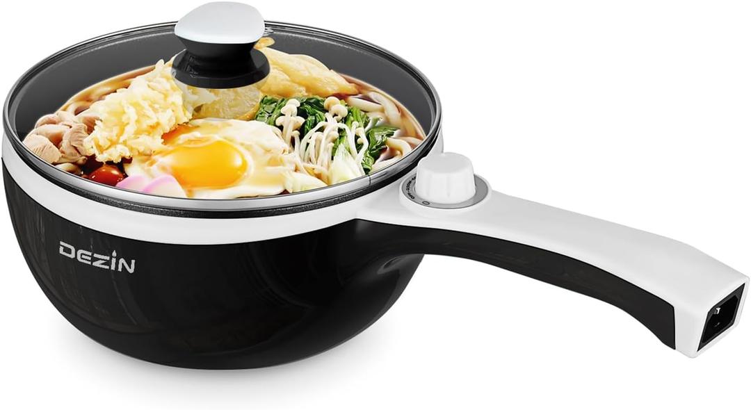 Dezin Hot Pot Electric Upgraded, Non-Stick Saut Pan, Rapid Noodles Electric Pot, 1.5L Mini Portable Hot Pot for Steak, Egg, Fried Rice, Ramen, Oatmeal, Soup with Power Adjustment (Black)