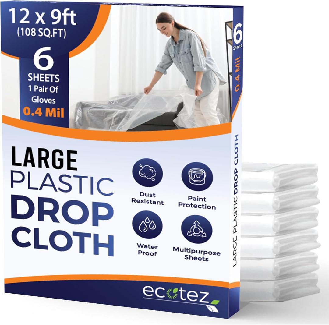 6 Pack 12 x 9 ft Extra Large Plastic Drop Cloth for Painting - Light & Durable Tarp Cover for Furniture - Plastic Clear Tarp Waterproof - Paint Floor Covering - Painters Drop Cloth Sheeting