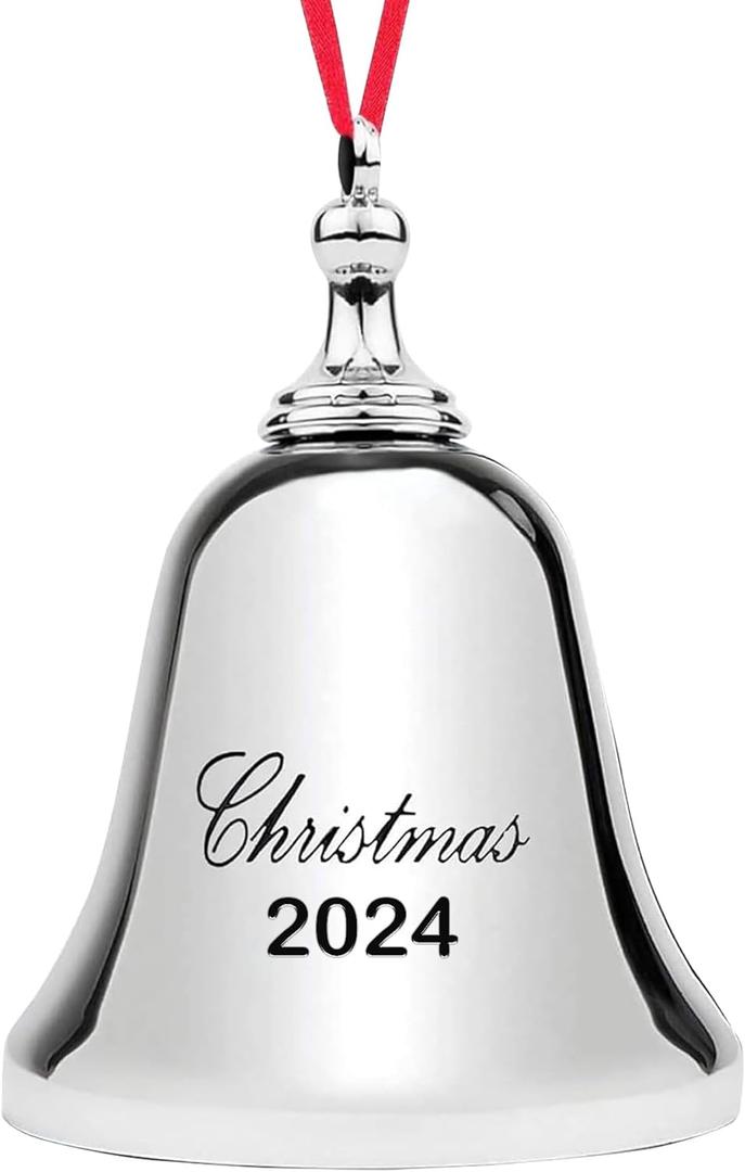 2024 Christmas Ornament - Elegant Silver Christmas Bell Ornament 2024 with Red Ribbon. Jingle Bell 2024