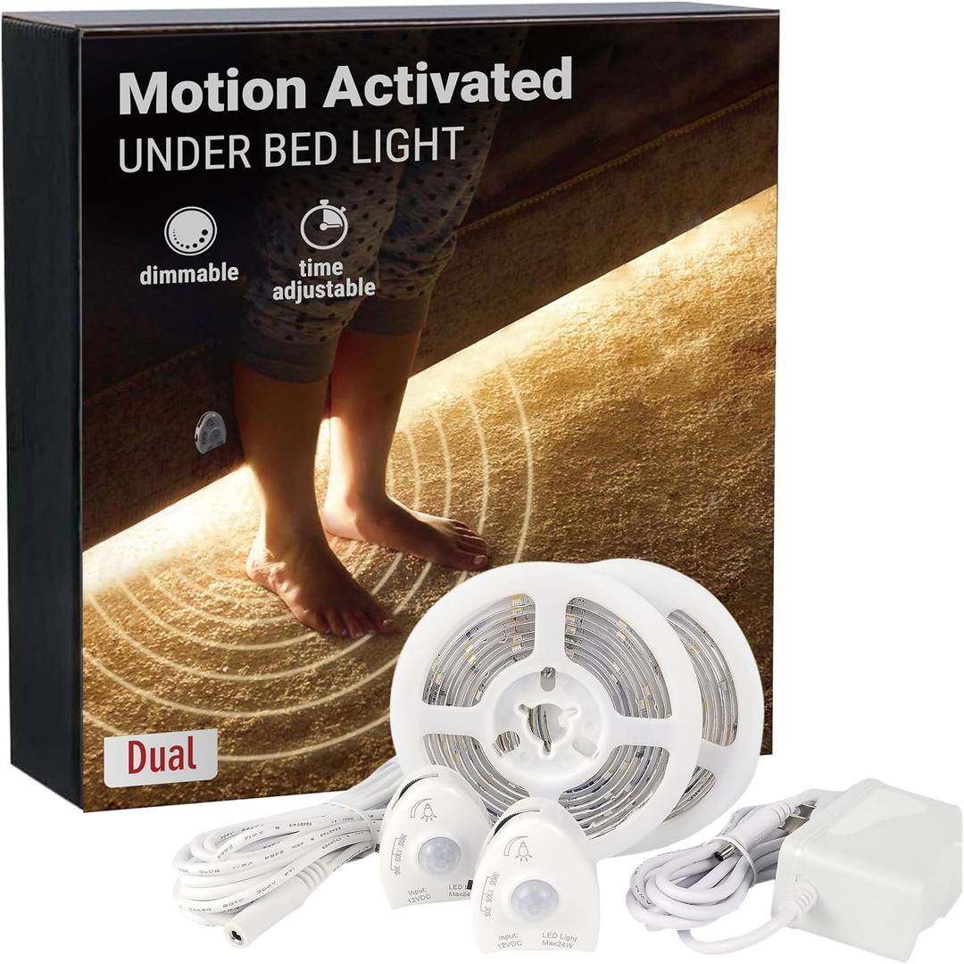 Under Bed Lights Motion Sensor, Motion Activated Bed Lighting,12V Power Adapter, Dimmable LED Strip Night Light for Bedroom,Stairs,Crib,Cabinet,Warm White -2 x 5FT -Dual Kit