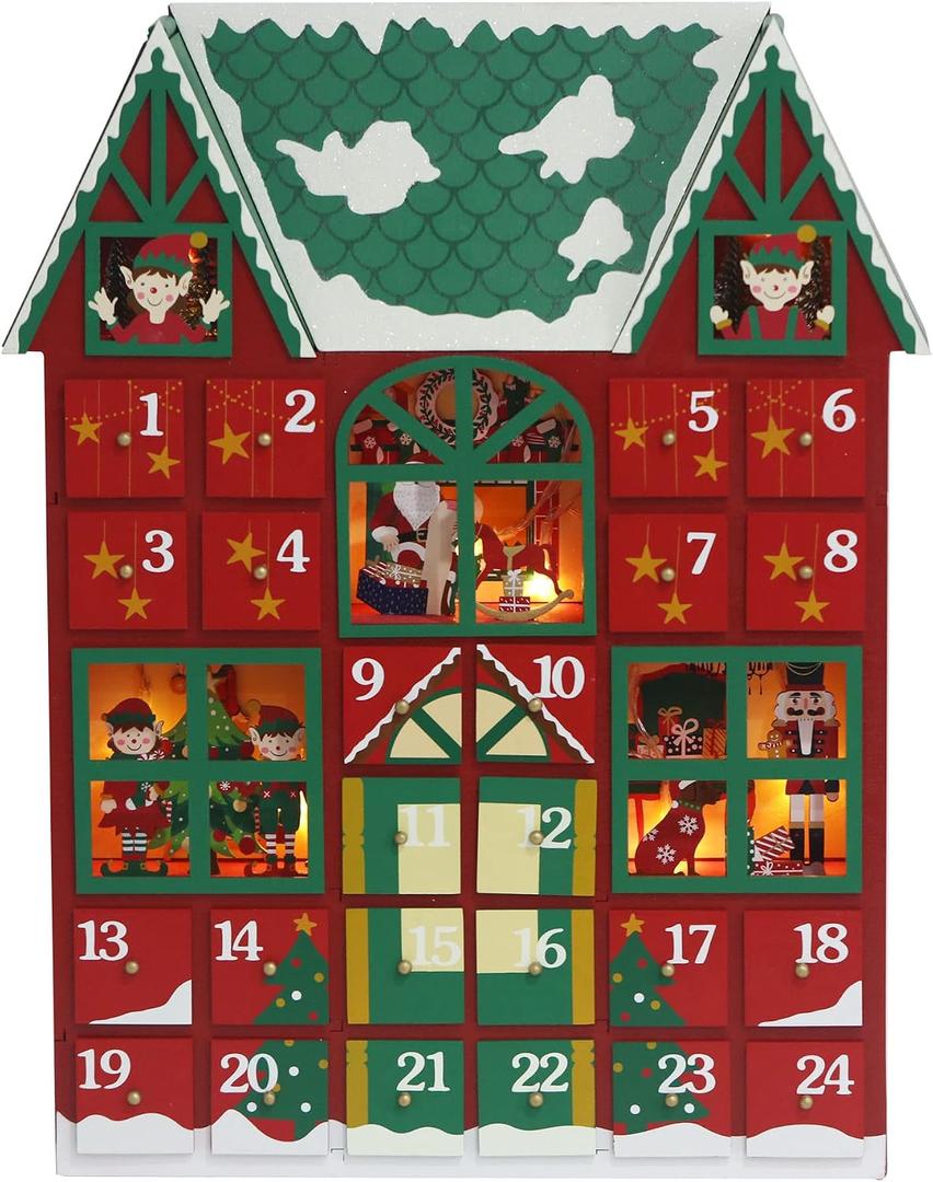 Christmas Wooden Advent Calendar House 2026 with Drawers and Led, Countdown to Christmas Decoration to Fill Small Gifts, red