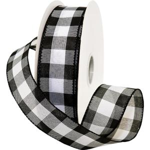Morex Ribbon 7398.40/50-613 Cambridge 1.5" X 50 YD Wired Ribbon, Black and White, Buffalo Check Plaid Ribbon for Gift Wrapping, Christmas Decorations Indoor Home Decor, Craft Supplies & Materials
