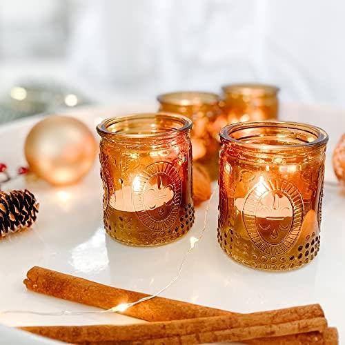 Kate Aspen Vintage Amber Glass Tea Light Candle Holders Set of 4 - Votive Holders for Home Decor, Fall Table Decorations, Bathroom Candles, Kitchen Shelf Decor, and Wedding Centerpieces
