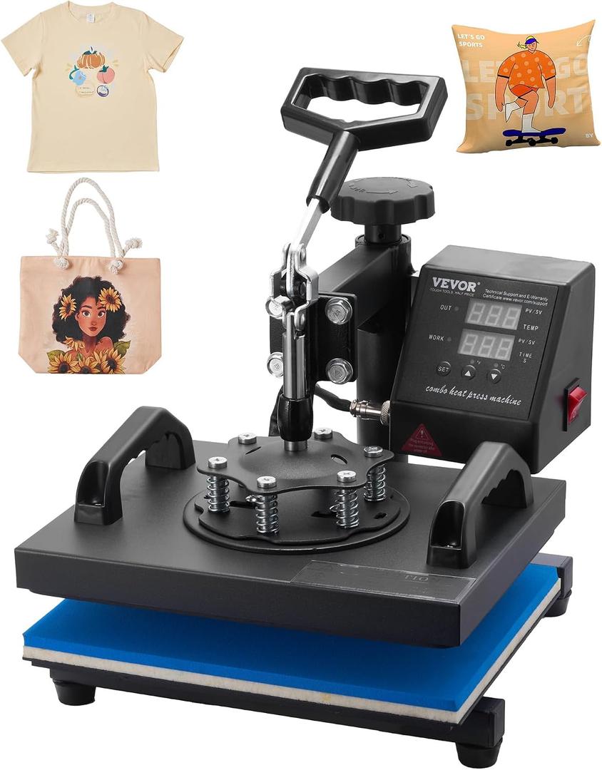 VEVOR Heat Press, 12x10in Heat Press Machine, Clamshell Sublimation Transfer Printer Fast Heat-up, Digital Precise Temperature Control, Vinyl Heat Press for T-Shirts Bags Garments Mats Puzzles, 650W