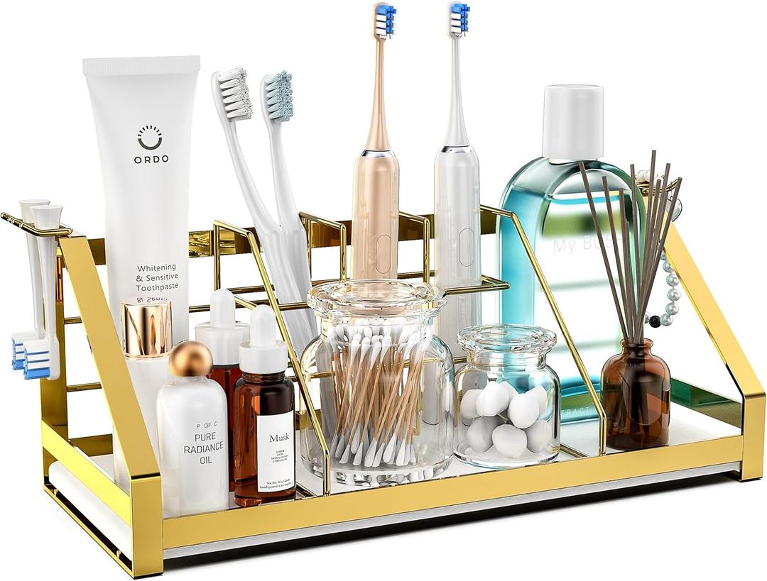 Toothbrush Holders Bathroom Counter Organizer and Storage with Removable Electric Toothbrush Head Holder and Divider, Bathroom Organizer with Diatomite Drying Stone Mat for Vanity, Kitchen, Dresser