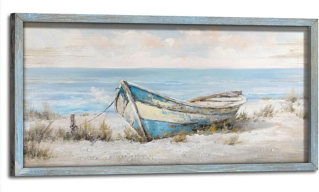 Beach Framed Wood Wall Art, Coastal Boat Picture Decor, 24x12 Inch
