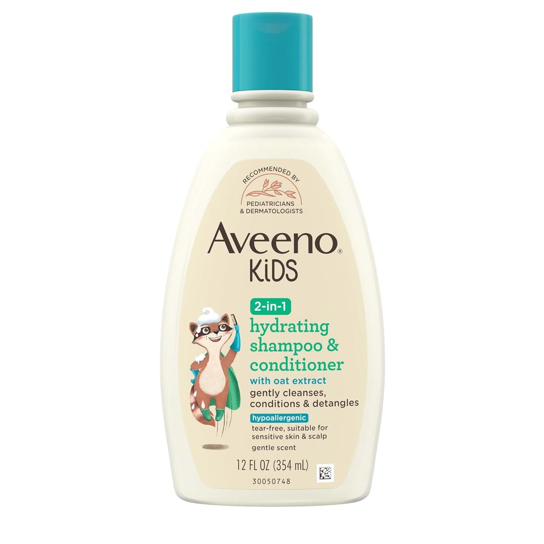 2 x Aveeno Kids 2-in-1 Hydrating Shampoo & Conditioner, Gently Cleanses, Conditions & Detangles Kids Hair, Formulated With Oat Extract, For Sensitive Skin & Scalp, Hypoallergenic, 12 fl. oz
