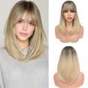 Haloo Blonde Bob Wigs with Bangs Shoulder Length Straight Natural Looking Synthetic Heat Resistant Medium Hair Wigs for Women Daily Party, 16 Inch Ombre Blonde