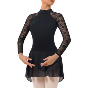 Women's Turtleneck Dance Leotard With Skirt Adult Lace Long Sleeve Ballet Dress (Medium, Black)