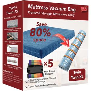 Twin/Twin-XL Mattress Vacuum Bag for Moving and Storage, Vacuum Seal Compression Bag, Heavy Duty Mattress Bag for Storage, with Sealing Clip and 5 Straps