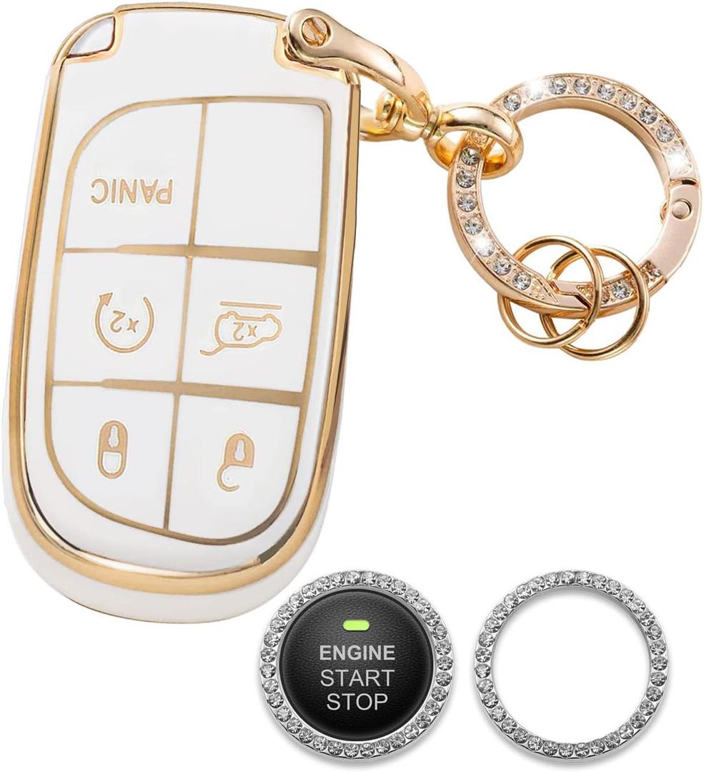 for Jeep Key Fob Cover Compatible with Jeep Grand Cherokee Compass Challenger Charger Durango Journey Renegade 3 4 5 Buttons, Soft TPU Key Shell White