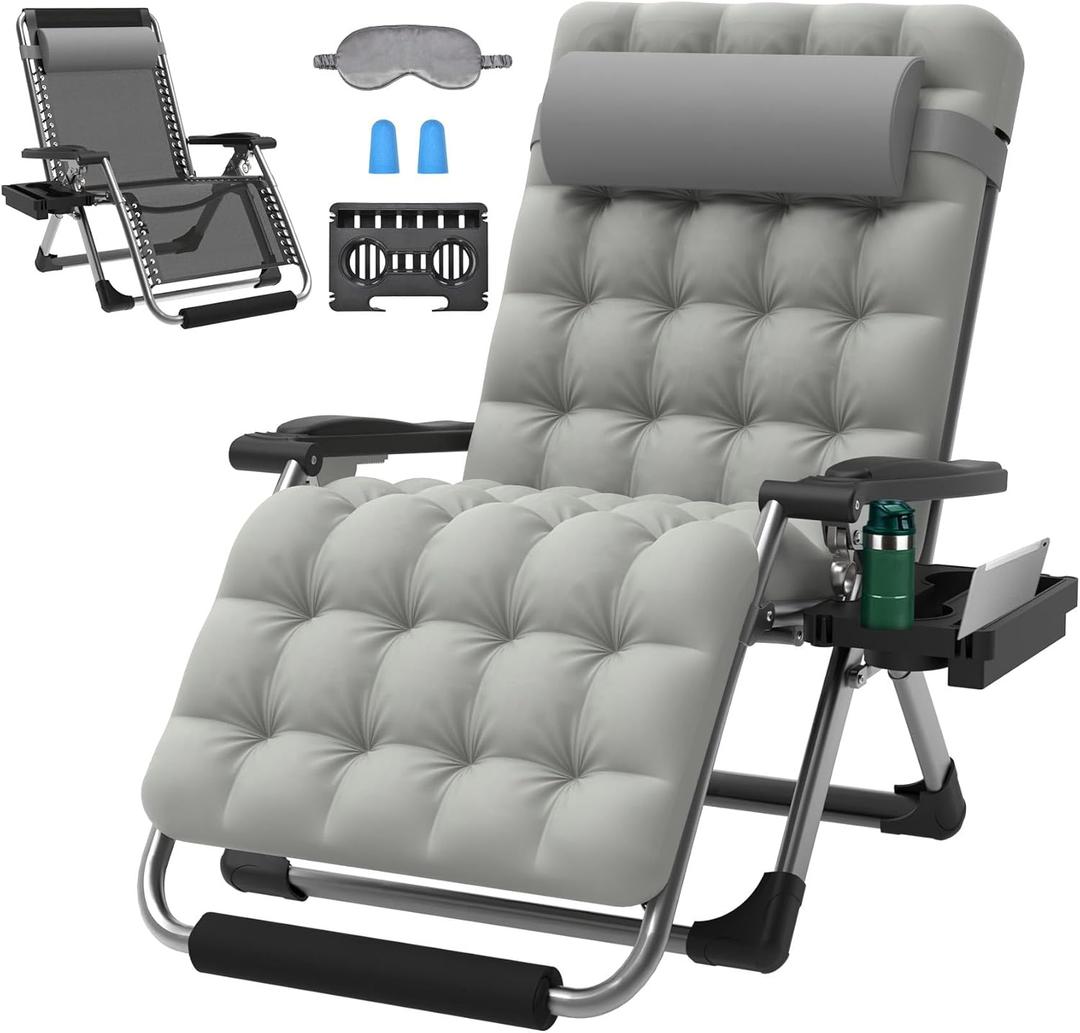 ZENPETIO Oversized Zero Gravity Chair, 33In XXL Zero Gravity Recliner Lounge Chair, Anti Gravity Chair for Indoor and Outdoor, Reclining Camping Chair for Lawn and Patio w/Cushion and Footrest, 500LBS (Grey)