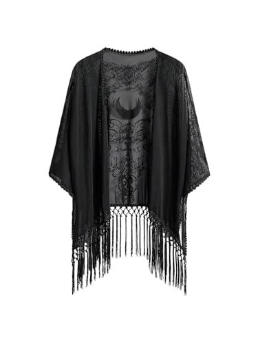 BEAUDRM Women's Goth Tassel Kimonos Boho Hippie Whimsical Fringe Sheer Mesh 3/4 Sleeve Shawl Poncho Cardigan Tops Black Medium