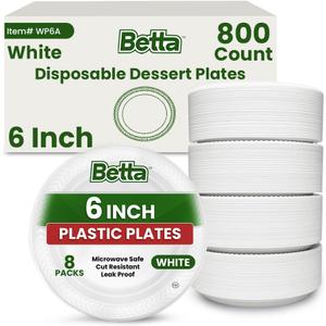 Betta 6-Inch Disposable Plastic Dessert Plates, White, 800 Count, Bulk Case for Schools, Breakrooms and Cafeteria, Microwave Safe (8 Pack Per Box x100)