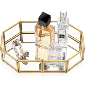 Hipiwe Mirror Glass Vanity Tray - Gold Ornate Makeup Vintage Octagonal Perfume Dresser Jewelry Trinket Organizer for Bathroom Storage Home Decor (8" x 5.7" x 1.8")