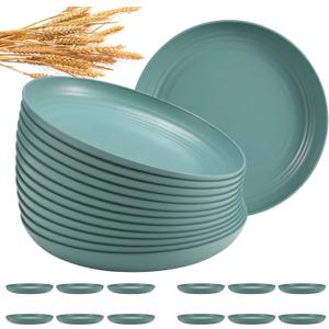 12 Pcs Unbreakable Deep Dinner Plates Set, 10 inch Reusable Plastic Wheat Straw Plates, Microwave and Dishwasher Safe Plate for Kitchen, Lightweight Plate for Dessert, BPA Free, Dark Green