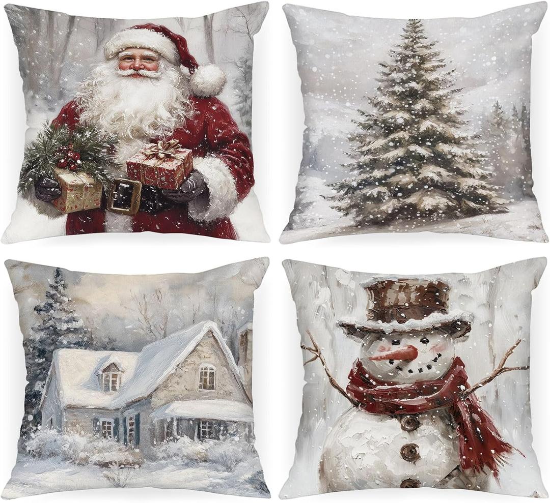 Lanpn 12x12 Christmas Throw Pillow Covers Set of 4, Christmas Pillow Covers Snowman Claus Pillowcase Decorative Holiday Pillow Case Xmas Cushion Cover for Indoor Couch Sofa Xmas Decor