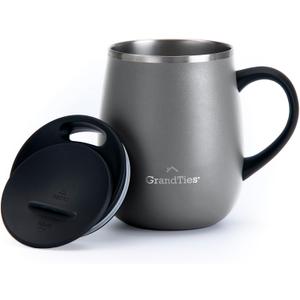 GRANDTIES Insulated Coffee Mug with Handle - Sliding Lid for Splash-Proof 16oz Wine-Glass Shape Thermal Tumbler with Double Walled Vacuum Stainless Steel to Keeps Beverages Hot or Cold-Stone Grey