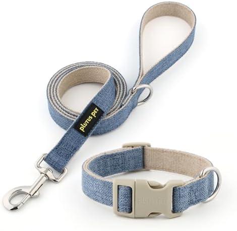 Plutus Pet Cotton Hemp Dog Collar and Leash Set, Adjustable Collar for Small, Medium, and Large Dogs, Heavy Duty and Soft on Skin, Haze Blue, S