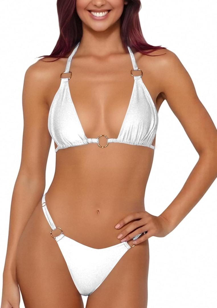 Women Bikini Set Two Piece Swimsuit Sexy Thong Bathing Suit Halter Triangle Tops Cheeky Bikini (White) M