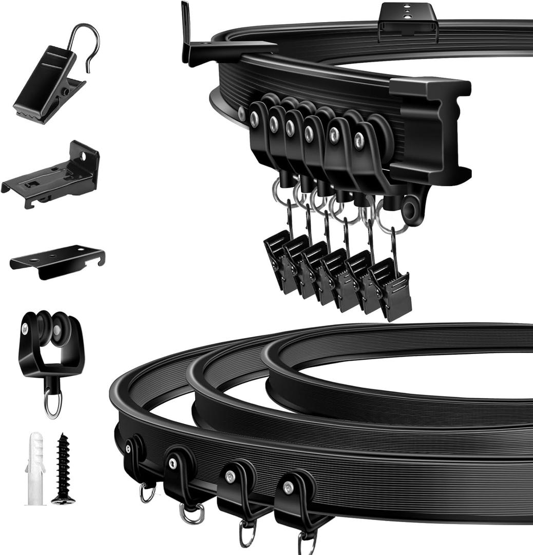 TOKPLNU Ceiling Curtain Track, Flexible Bendable Curtain Track 10Ft Black Curved Curtain Rail Ceiling Wall Mount Curtain Sliding Track System Set for RV, Bay Window, Room Divider, Black