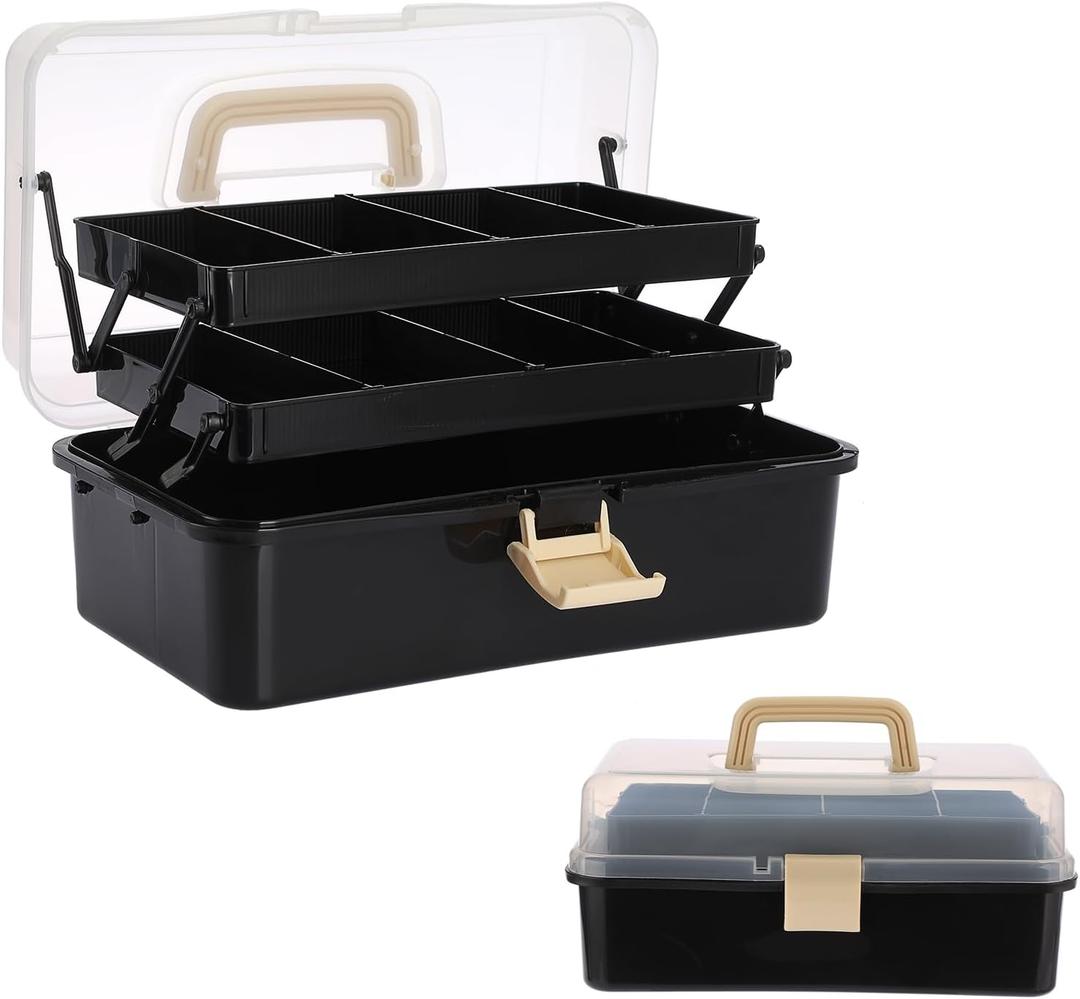 BTSKY 3-Layer Plastic Dividing Storage Box Craft Organizer with Adjustable Spacers Portable Handled Art Supply Organizer Multipurpose Home Utility Box for Sewing (Black+Beige)