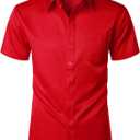 ZEROYAA Men's Casual Urban Stylish Slim Fit Short Sleeve Button Up Dress Shirt with Pocket (Red) S