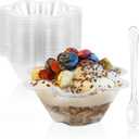 TOFLEN 8 oz Dessert Cups with Spoons, 50 Pack Clear Plastic Small Party Serving Bowls for Sundae, Parfait, Fruit, Strawberry Shortcake, Disposable Snack Bowls (Flower Shape)