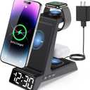 ANJANK 4 in 1 Wireless Charging Station Alarm Clock, Charging Dock for Apple Devices, Charger Stand for iPhone 17 16 15 14 13 12 11 Pro Max for Apple Watch 10/9/8/7/6/5/UItra & AirPods, Dimmable (Black)