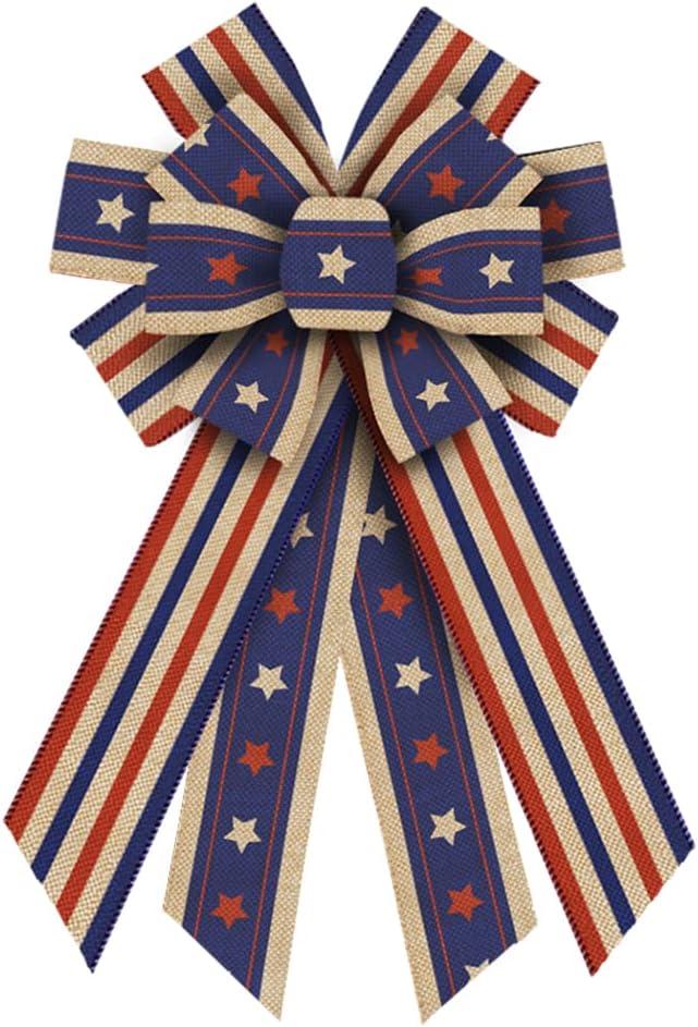 Independece Day Wreath Bows Patriotic Decor Bows for July 4th Wreath America Flag Strip Burlap Bow for Front Door Memorial Day Patriotic Tree Topper Decor Indoor Outdoor Supplies