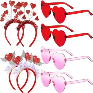 MTLEE 8 Pcs Valentines Day Heart Head Bopper Headband and Heart Sunglasses Bulk Valentines Photo Prop Galentines Party Favor
