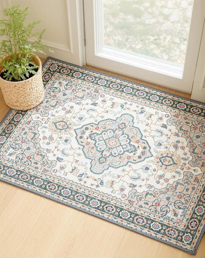 MINIDEAR 2x3 Area Rugs for Entryway Kitchen, Washable Rug Small Rugs for Bedroom Non Slip Vintage Rug with Floral Print Carpet Mat for Home, Khaki