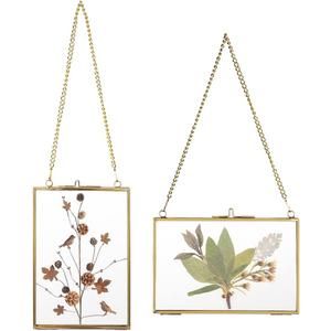 JUXYES Set of 2 Brass Wall Hanging Photo Frame, Golden Glass Hanging Picture Artwork Display Frame, Double Glass Floating Frame Style Gallery Wall Frame for Photo Picture Poster etc (4" x 6")