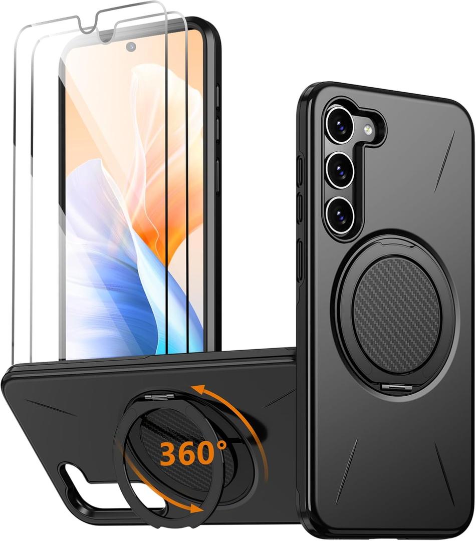 for Galaxy-S23 Case [   ], with 2 HD Screen Protectors, Strong Magnetic & 360 Rotatable Stand, Dual-Layer Protection, Slim Fit Phone Case for Samsung S23, Black