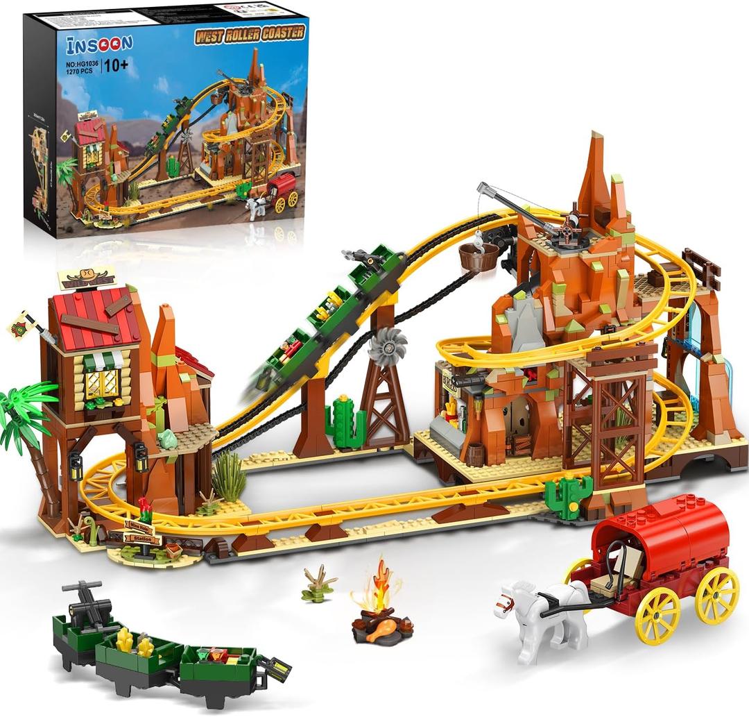 Western Roller Coaster Building Set, Rollercoaster Building Toy with Mine Train, Lifting Chain Drive, Carriage, 1270PCS Mining Coaster Model Playset Gift for Adults Teens Kids Boys Girls 10-12+