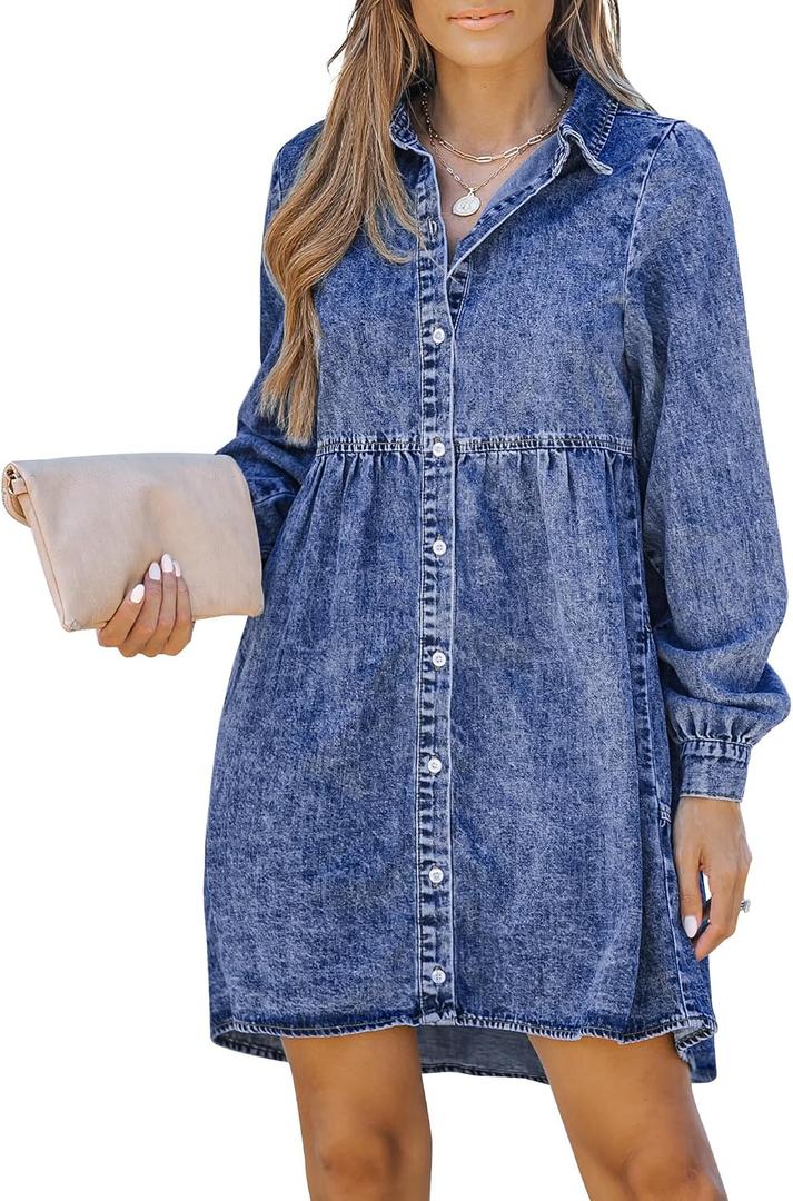 LookbookStore Long Sleeve Denim Dress for Women Jean Dress Button Down Casual Babydoll Denim Shirt Dress (M)